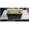 Image 4 : YELLOW METAL TOOL BOX WITH ASSORTED HAND TOOLS AND TOTE WITH MINI PROPANE TANKS, TIMING LIGHT ETC