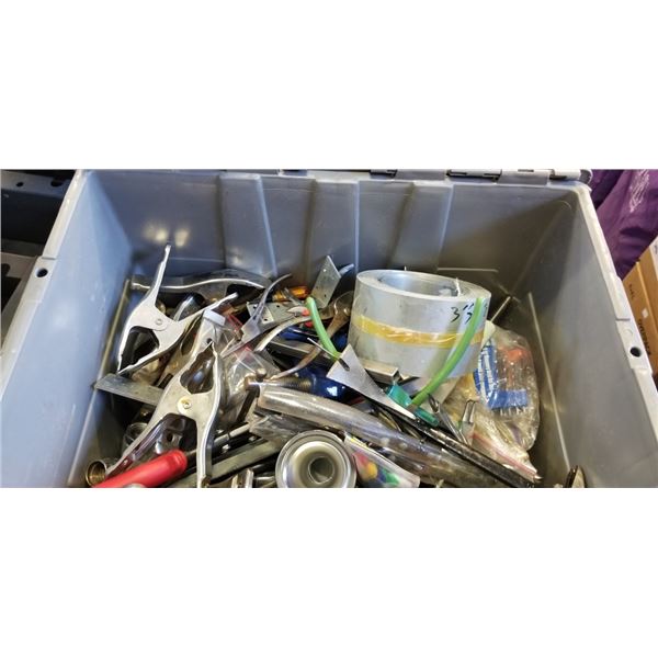 TOTE OF ASSORTED HAND TOOLS, CLAMPS, WRENCHES PRY BAR, PLIERS ETC.