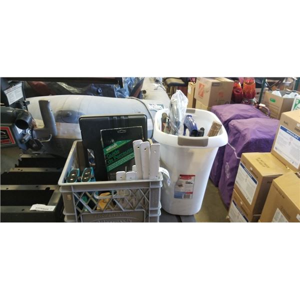 BIN OF HAMMERS AND SAWS WITH CRATE OF DRILL BITS, MAKITA DRILL WITH CHARGER, DRILL ATTACHMENT AND SH