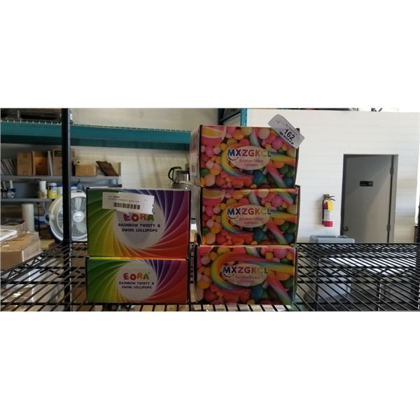 5 BOXES OF RAINBOW FLOWER AND RAINBOW SWIRLY LOLLIPOPS