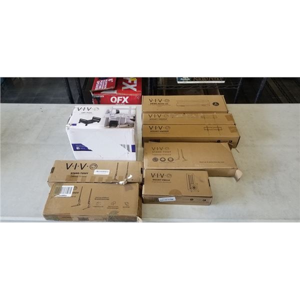 3 TABLETOP TV STANDS, 2 ULTRA HEAVY DUTY TV WALL MOUNTS, CPU CART, SINGLE MONITOR WALL MOUNT AND COR