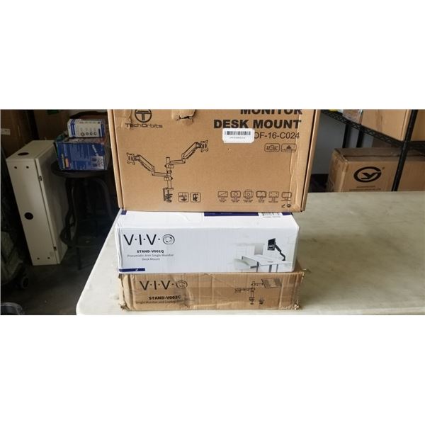 VIVO PNEUMTAIC ARM SINGLE MONITOR DESK MOUNT, TECH ORBITS DUAL MONITOR ADJUSTABLE DESK MOUNT, AND VI