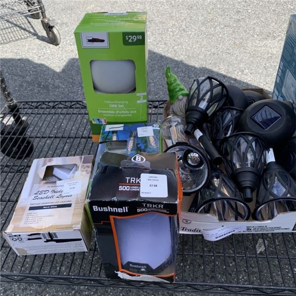 LOT OF SOLAR LIGHTS, EDISON BULB STRING LIGHTS, COLOR CHANGING ORB SET AND BUSHNELL TRKR LANTERN