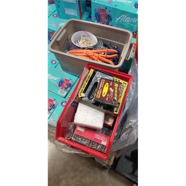 2 BINS WITH STAPLER AND STAPLES, FASTENERS, SCISSORS, PLIERS ETC