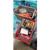 Image 1 : 2 BINS WITH STAPLER AND STAPLES, FASTENERS, SCISSORS, PLIERS ETC