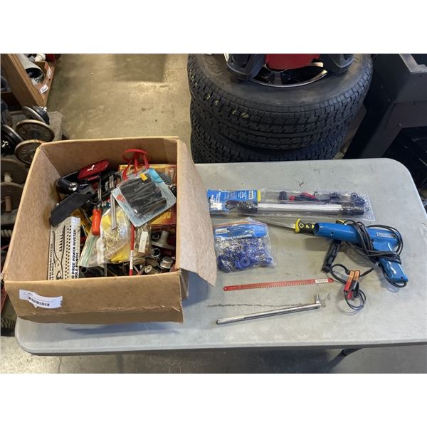 BOX OF ASSORTED TOOLS AND SUPPLIES