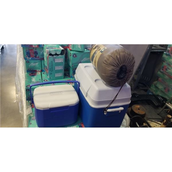2 COOLER AND A SLEEPING BAG