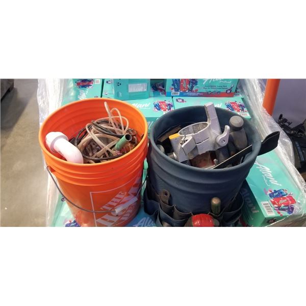 TWO BUCKETS WITH ASSORTED TOOLS AND PUMPS