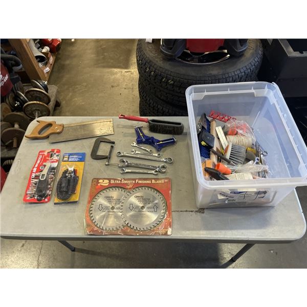 ASSORTED TOOLS, SAW BLADES, WRENCHES, SANDER, WORKLIGHTS AND MORE