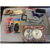 Image 3 : ASSORTED TOOLS, SAW BLADES, WRENCHES, SANDER, WORKLIGHTS AND MORE
