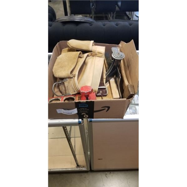 LEATHER TOOL BELT, WIRE BRUSH, STANLEY MITRE BOX AND MORE