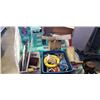 Image 1 : BIN AND BOX OF ASSORTED PLUMBING SUPPLIES AND TOOLS ETC. AND BOTTLE JACK IN WOODEN CASE