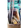 Image 2 : BIN AND BOX OF ASSORTED PLUMBING SUPPLIES AND TOOLS ETC. AND BOTTLE JACK IN WOODEN CASE