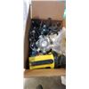 Image 3 : TWO TRAYS OF NEW GOGGLES AND BOX OF ASSORTED ELECTRICAL SUPPLIES AND WELDING MASK