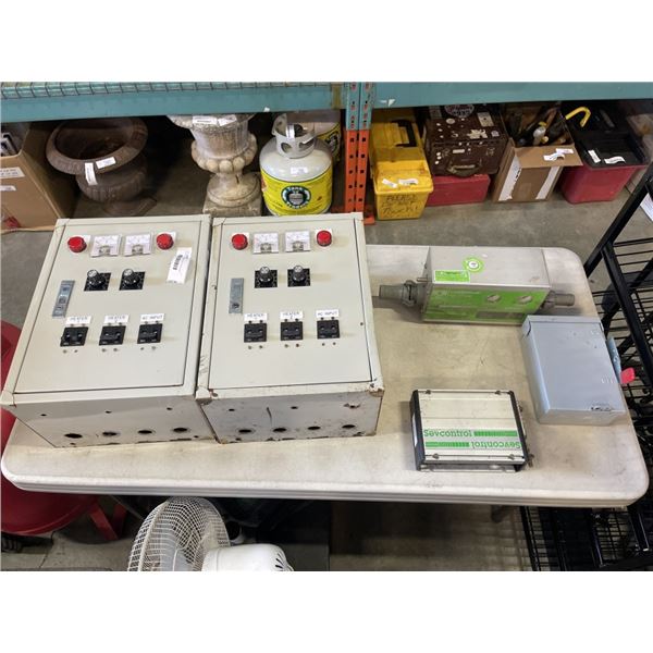 2 ELECTRICAL PANELS WITH BREAKERS AND GAUGES, WITH SHUT OFF SWITCH AND MORE