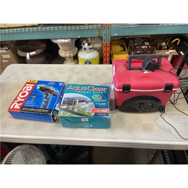 RADIO COOLER WITH RYOBI CORDLESS DRILL AND FILTER