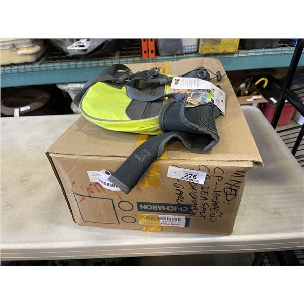 BOX OF NEW SUNGLASSES AND NEW DOG BACKPACKS