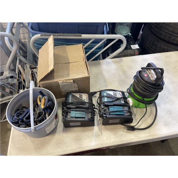 SUMP PUMP, 2 MAKITA CHARGERS, SCISSORS AND MORE