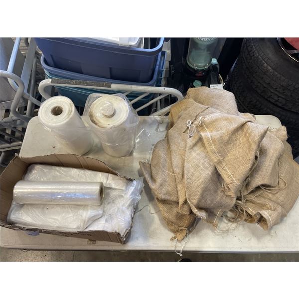 PLASTIC BAGS, SMALL ROLL OF POLY AND BURLAP SACKS