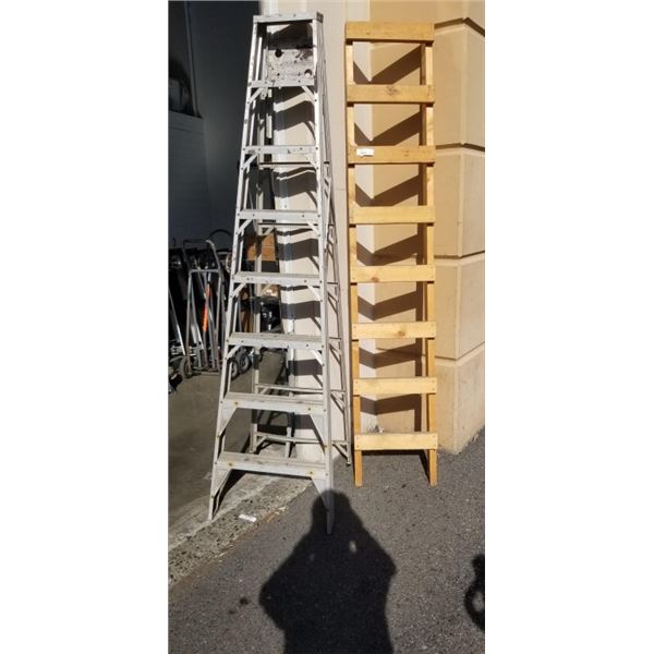 8' ALUMINUM A FRAME LADDER AND 8' CUSTOM BUILT WOOD LADDER