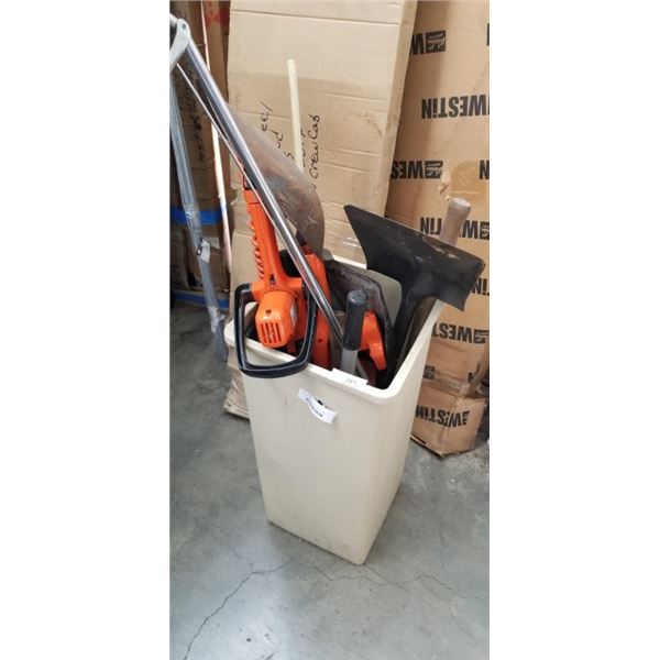 BIN WITH SHOVELS, PICK AXE, 2 HEDGE TRIMMERS, PRUNERS, MACHETE ETC.