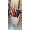 Image 1 : BIN WITH SHOVELS, PICK AXE, 2 HEDGE TRIMMERS, PRUNERS, MACHETE ETC.