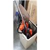 Image 2 : BIN WITH SHOVELS, PICK AXE, 2 HEDGE TRIMMERS, PRUNERS, MACHETE ETC.