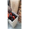Image 3 : BIN WITH SHOVELS, PICK AXE, 2 HEDGE TRIMMERS, PRUNERS, MACHETE ETC.