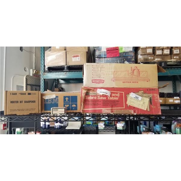 VINTAGE CRAFTSMAN ROUTER TABLE, MITER BOX, BIT SHARPENER, SIDE CUTTER ATTACHMENT AND BISKIT SYSTEM A