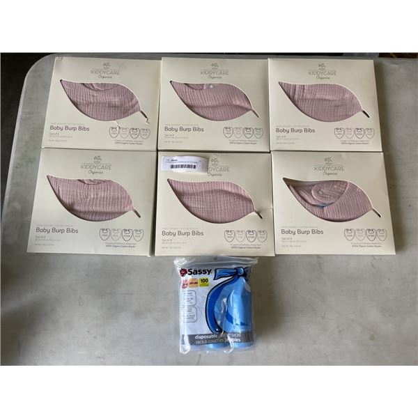 6 KIDDY CARE ORGANICS COTTON BABY BURP BIBS, SET OF 4 AND 100CT DISPOSABLE DIAPER SACKS