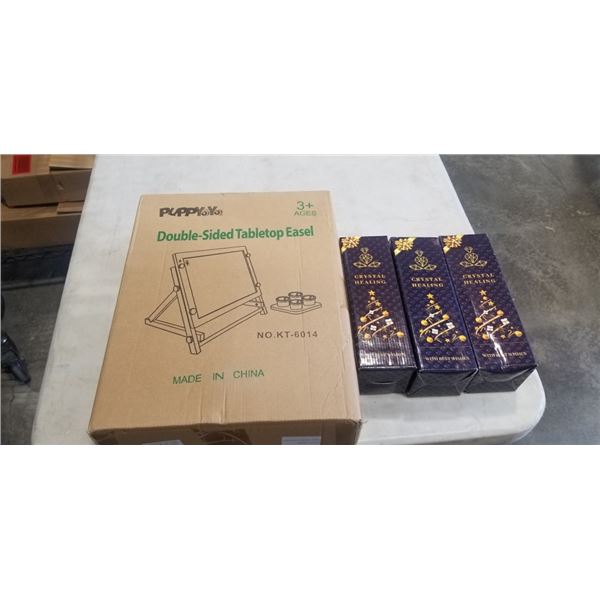NEW DOUBLE SIDED TABLETOP EASEL AND 3 TIGER'S EYE TREES