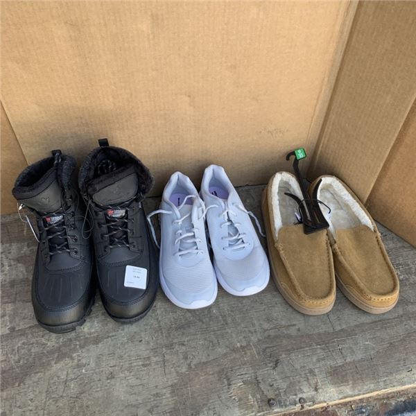 THREE PAIRS OF NEW SIZE 9 FOOTWEAR SLIPPERS, RUNNING SHOES AND BOOTS RETAIL $120+