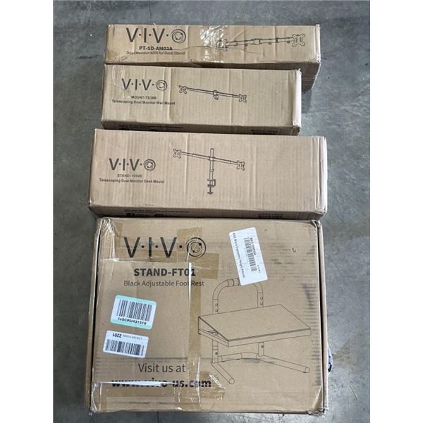 3 ASSORTED VIVO DUAL MONITOR DESK MOUNTS AND ADJUSTABLE FOOTREST