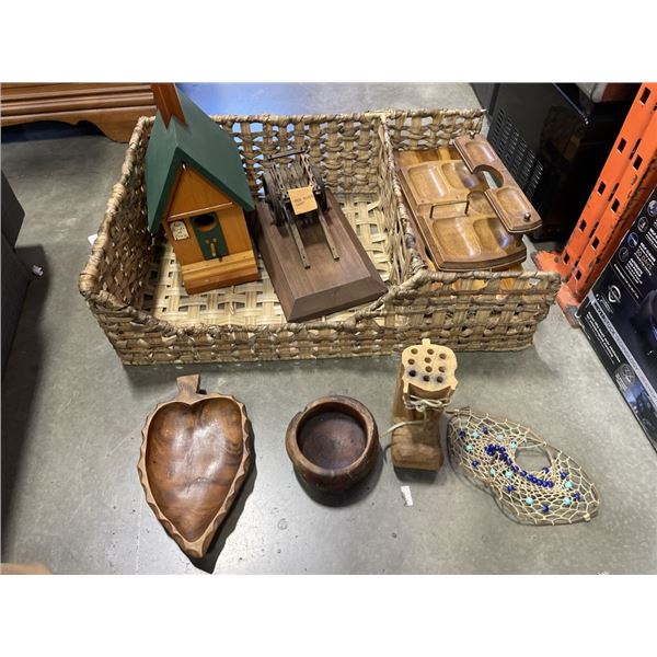 TWO TRAYS OF WOODEN DECCOR ITEMS, CD PLAYER, FAN AND MORE