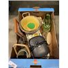 Image 4 : TWO TRAYS OF WOODEN DECCOR ITEMS, CD PLAYER, FAN AND MORE