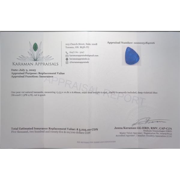 6.03 CT CERTIFIED TANZANITE GEMSTONE ($5,225 APPRAISAL)