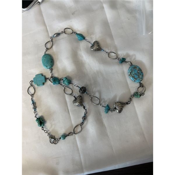 HUGE LENGTH SILVER TONE W/ TURQUOISE STONES NECKLACE