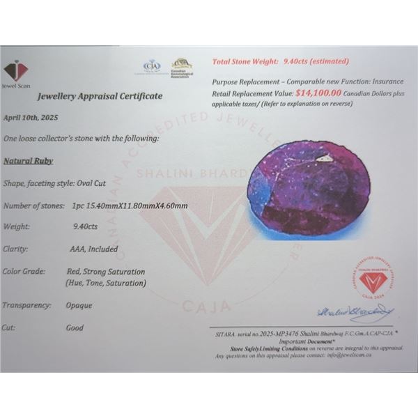9.4 CT CERTIFIED UNTREATED RUBY GEMSTONE ($14,100 APPRAISAL)
