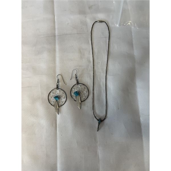 NATIVE AMERICAN SILVER NECKLACE AND DREAMCATCHERS WITH TURQUOISE EARRINGS
