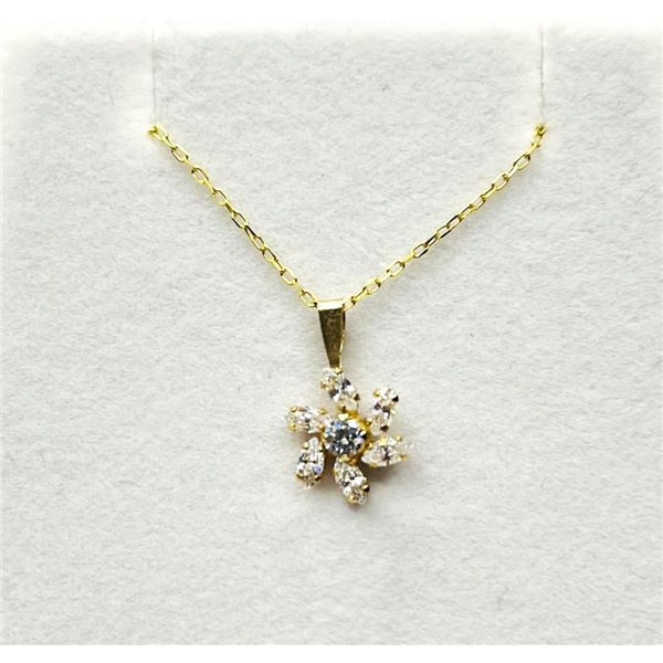 10KT YELLOW GOLD CZ FLOWER SHAPE PENDANT WITH GOLD PLATED STERLING SILVER CHAIN, RETAIL $350.00.