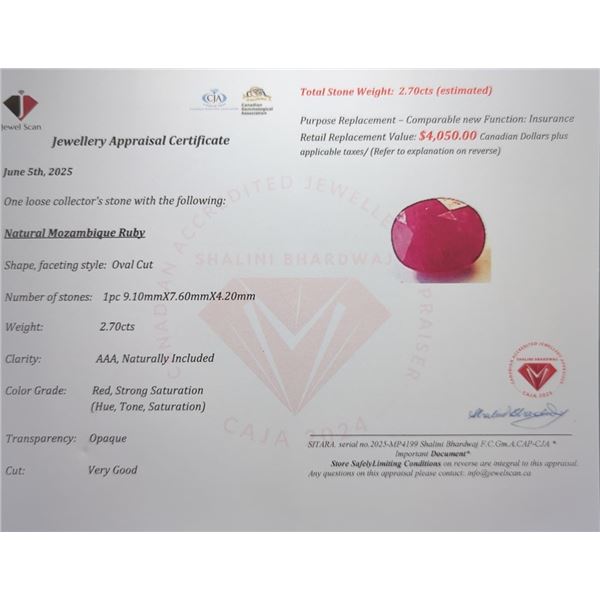 2.7 CT CERTIFIED UNTREATED MOZAMBIQUE RUBY GEMSTONE ($4,050 APPRAISAL)