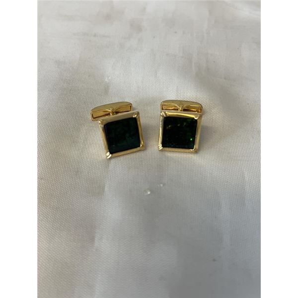 PAIR OF GOLF CUFFLINKS, WITH POSSIBLY GREEN AMMOLITE STONES, MARKED WITH HALLMARK