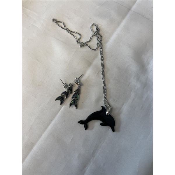 SILVER TONE W/ ALBEONE INLAID HAIDA DESIGN PENDANT WITH CHAIN AND PAIR OF EARRINGS