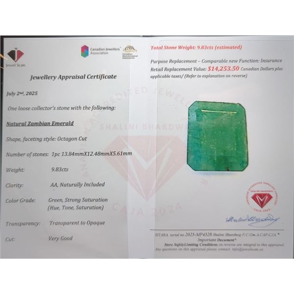 9.83 CT AUTHENTICATED ZAMBIAN EMERALD GEMSTONE ($14,253 APPRAISAL)