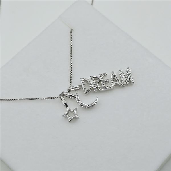 STERLING SILVER NATURAL DIAMOND (0.04CT) DREAM, STAR AND CRESENT MOON PENDANT WITH STERLING SILVER C