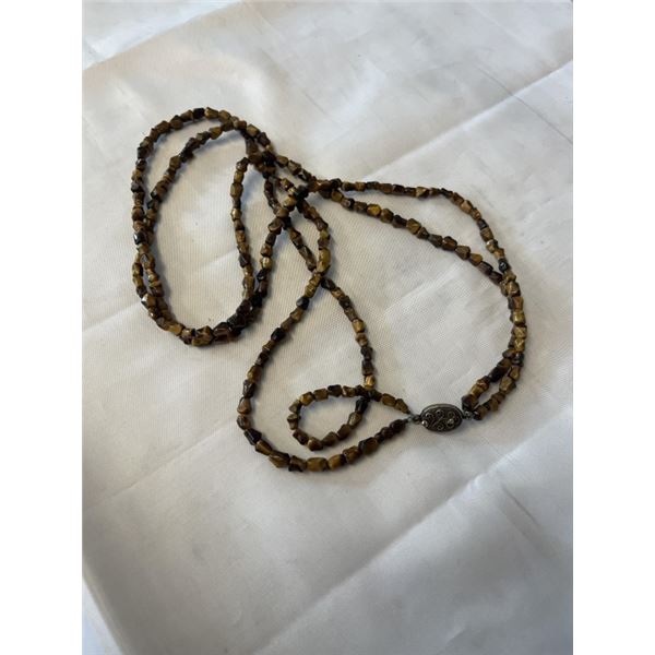 DOUBLE STRAND CARVED TIGERS EYE BEADED NECKLACE W/ ORIGINAL SLVER CLASP