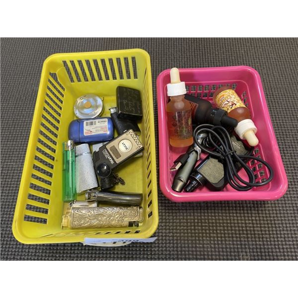 TRAY OF LIGHTERS AND VAPE JUICE
