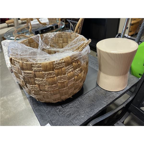 LARGE BASKET, THROW PILLOW AND PEDESTAL