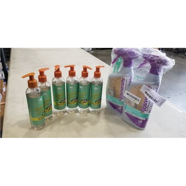 6 TREE HUT COCONUT AND LIME MOISTURIZING SHAVE OIL AND 2 BOTTLES OF REJUVENATE SOAP SCUM REMOVER