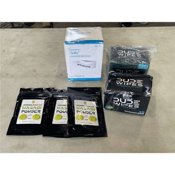 2 BOXES OF DUDE WIPES, TELFA ADHESIVE DRESSING AND WASABI